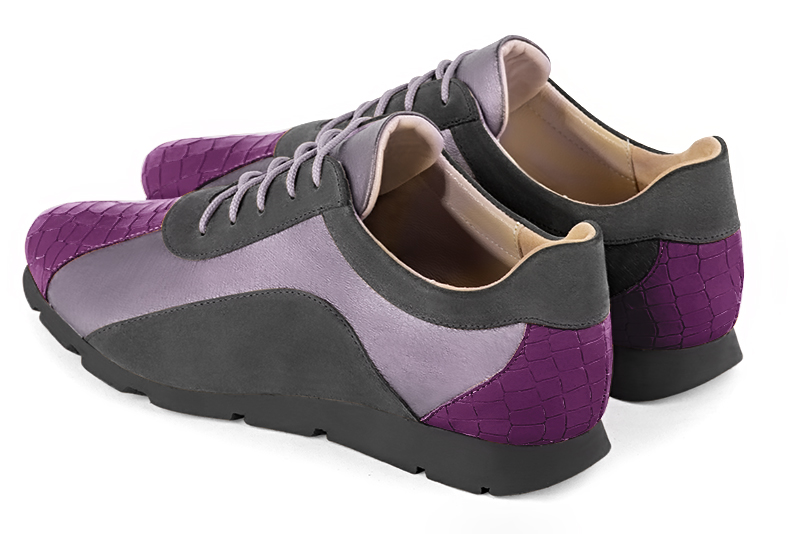 Mauve purple and dark grey women's three-tone elegant sneakers. Round toe. Flat rubber soles. Rear view - Florence KOOIJMAN